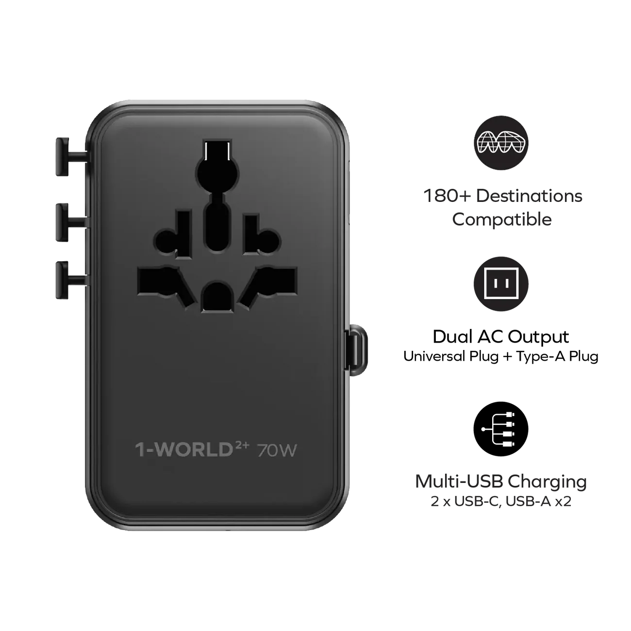 Momax UA30 1 World²⁺ 70W 3 Port Dual AC Travel Adapter with Built In Retractable Cable 1